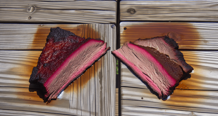 two beef brisket slices side by side - one with thick pink smoke ring, one without smoke ring