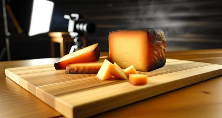 Finished smoked cheese wheel showing golden rind on cutting board