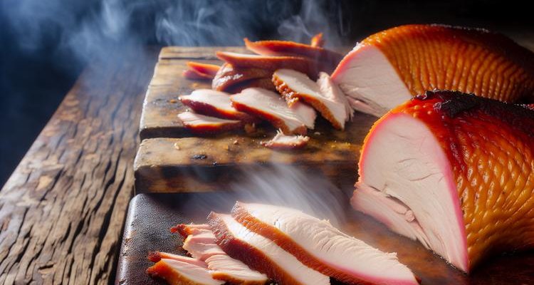 Sliced smoked chicken showing juicy meat and crispy golden skin