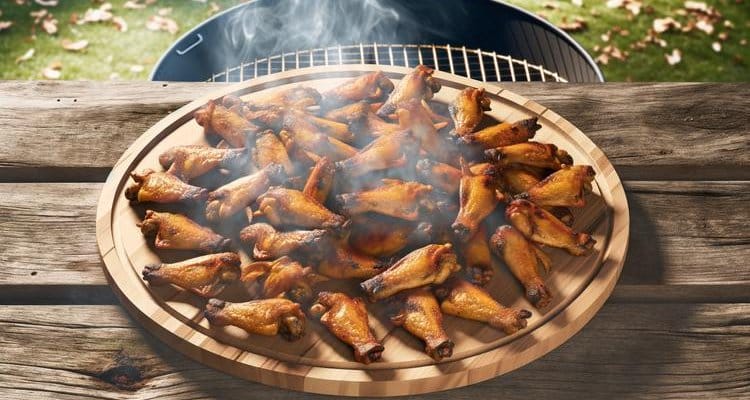Platter of golden crispy smoked chicken wings on wooden board