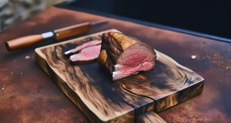 Sliced smoked prime rib on cutting board showing perfect medium-rare doneness with visible smoke ring