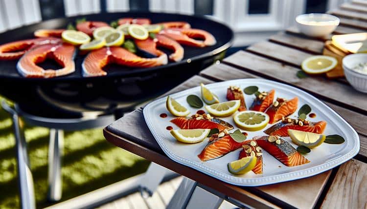 beautifully plated sliced smoked salmon on white serving platter with lemon wedges and fresh herbs garnish