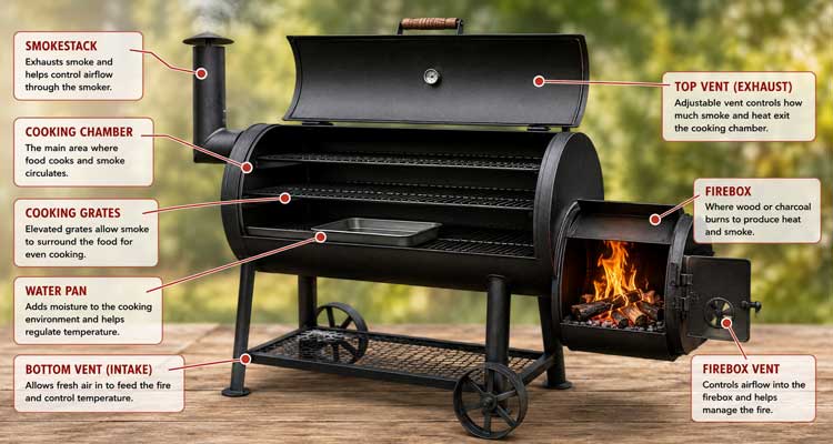 Labeled diagram showing essential smoker components including firebox, water pan, cooking grates, and vents