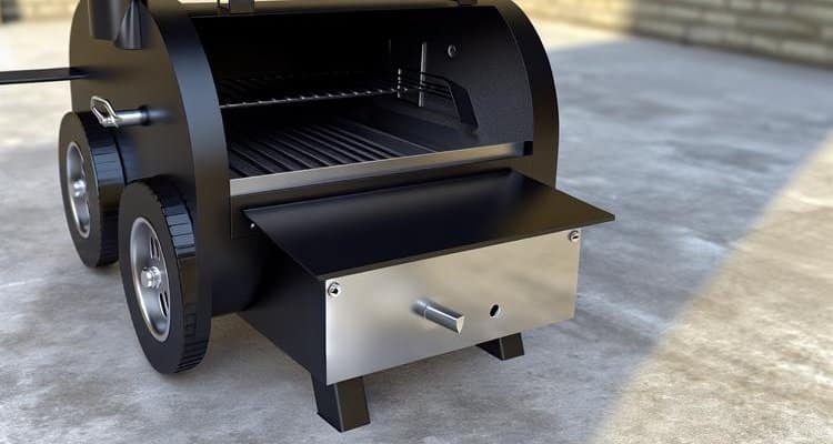 Labeled diagram showing essential smoker components including firebox, water pan, cooking grates, and vents