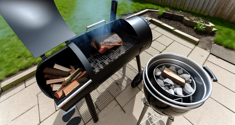 charcoal smoker with hardwood chunks producing clean blue smoke, water pan visible, brisket on grate