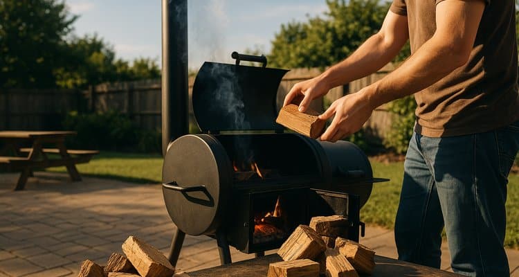 Professional pitmaster managing fire box with proper wood placement technique