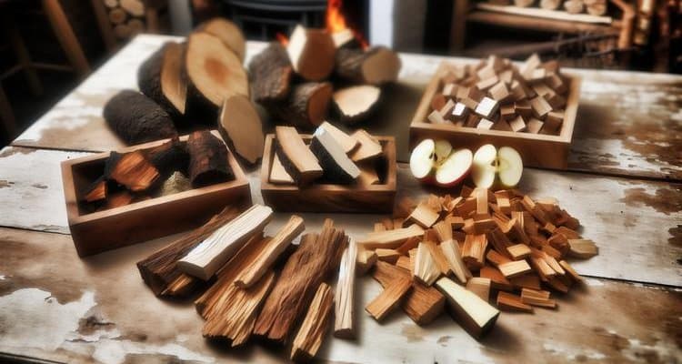 Variety of smoking woods - hickory chunks, apple wood chips, oak, cherry - arranged for wood selection