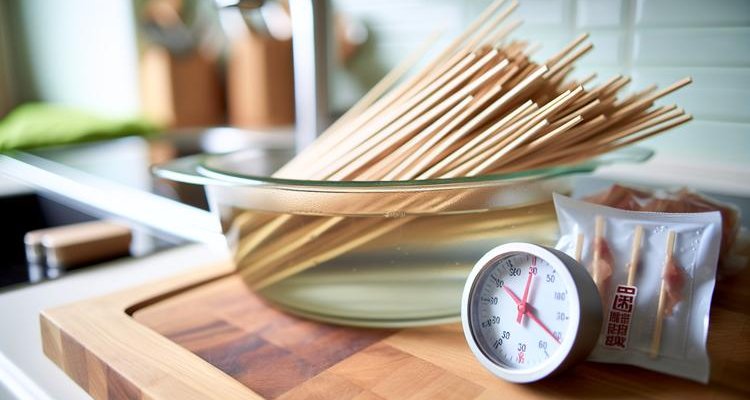 Bundle of bamboo skewers soaking in clear glass dish filled with water, kitchen timer showing 30 minutes in foreground