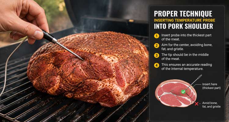 Proper technique for inserting temperature probe into pork shoulder Proper technique for inserting temperature probe into pork shoulder