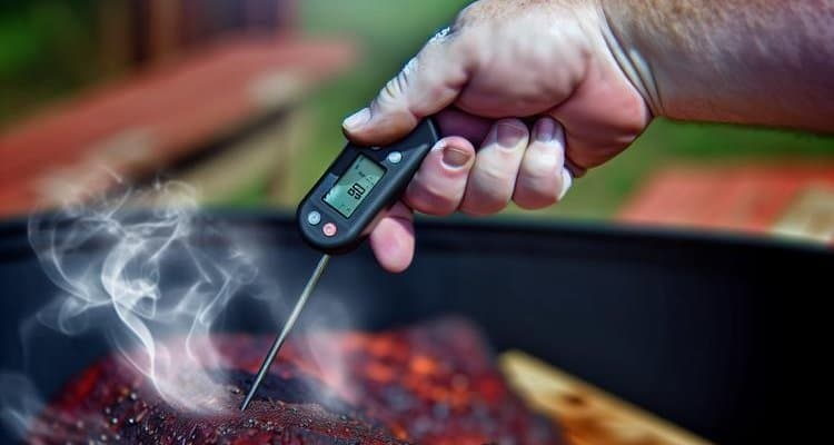 Proper thermometer probe placement in brisket showing depth and angle for accurate readings