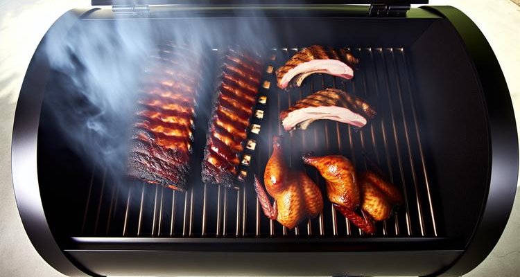Ribs and chicken cooking on Traeger pellet grill grates with smoke