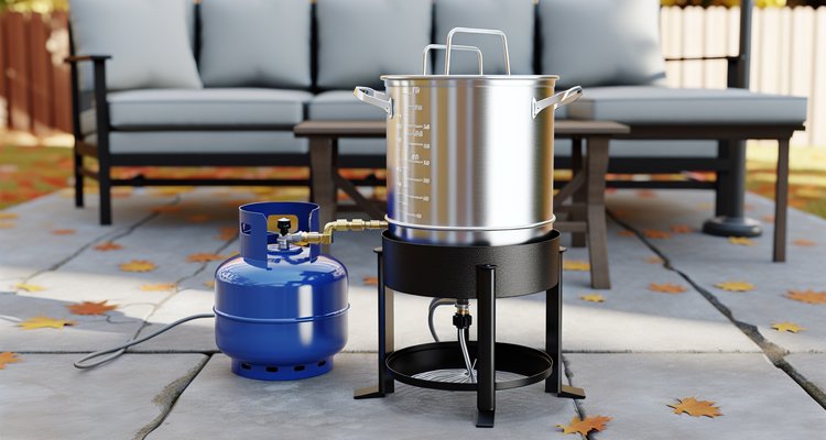 Turkey fryer pot on propane burner stand in outdoor patio setting
