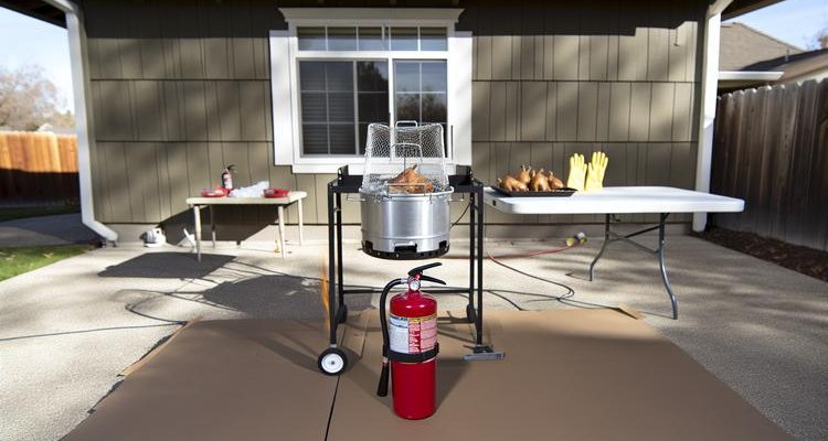 Proper turkey fryer safety setup with fire extinguisher and protective equipment
