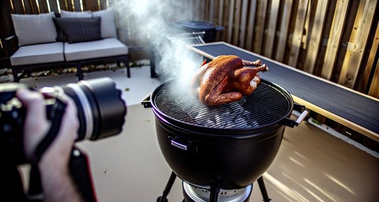 Seasoned turkey smoking on outdoor grill with visible smoke