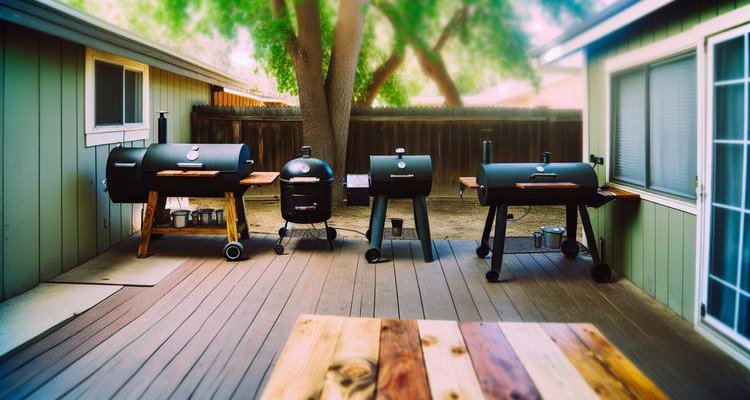 Various types of smokers on backyard patio including electric, pellet, charcoal, and offset smokers