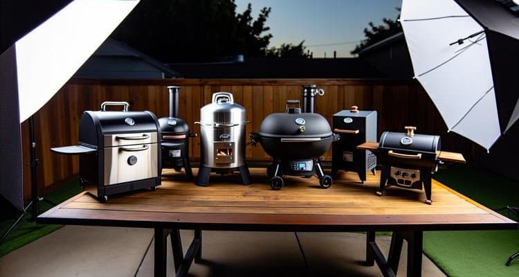 Side-by-side comparison of different smoker types including offset, vertical, pellet, and electric models