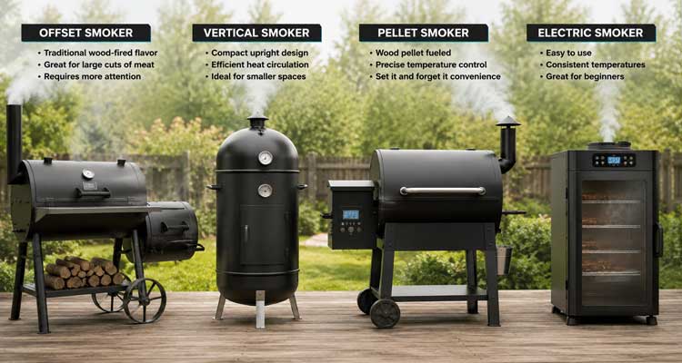 Side-by-side comparison of different smoker types including offset, vertical, pellet, and electric models