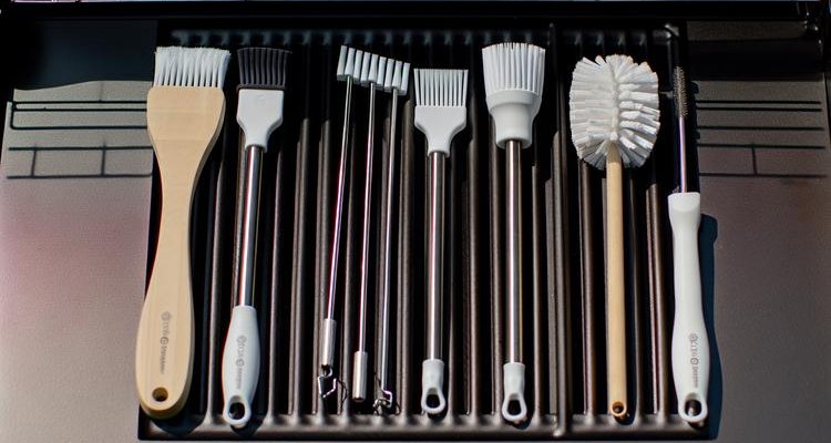 Selection of BBQ basting brushes and mops on grill