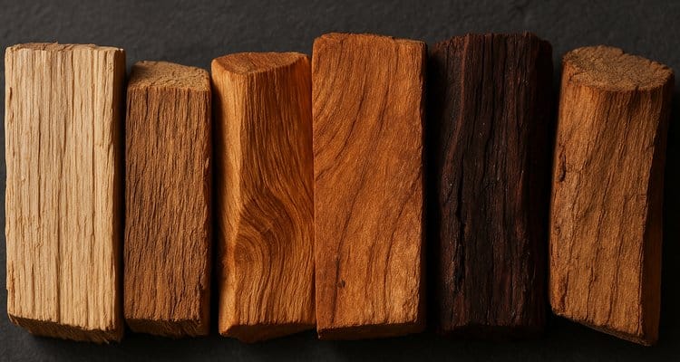 Visual comparison of different BBQ wood types showing grain patterns and colors