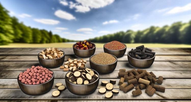 Various wood pellets and smoking woods displayed in bowls for cold smoking