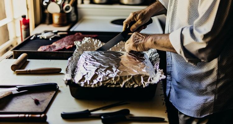 hands wrapping smoked brisket in aluminum foil showing Texas Crutch technique with tight seal