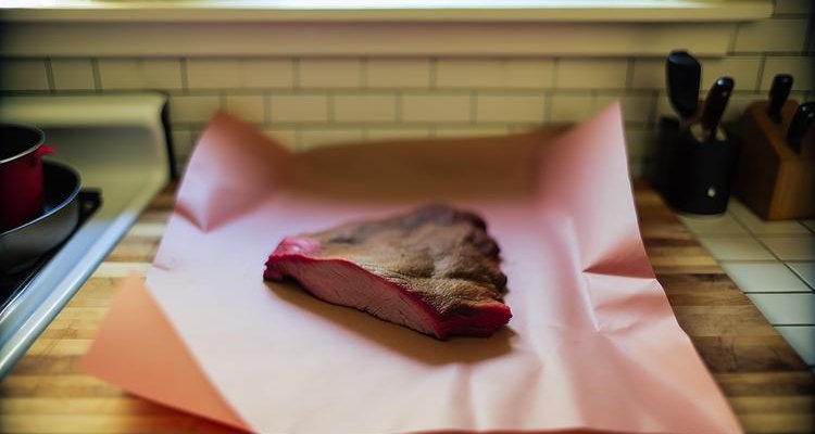 smoked brisket positioned on pink butcher paper ready for wrapping on wooden kitchen counter