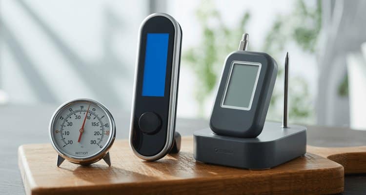 Digital meat thermometer being inserted into turkey breast showing proper placement technique
