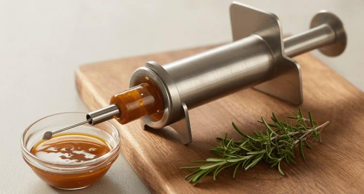 premium stainless steel turkey injector with whole fresh turkey and glass bowl of butter marinade on wooden kitchen counter