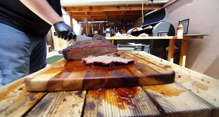 freshly smoked whole packer brisket being sliced on a large wooden cutting board with deep juice grooves catching rendered fat