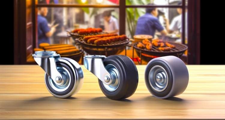 Different caster wheel materials displayed on outdoor patio surface