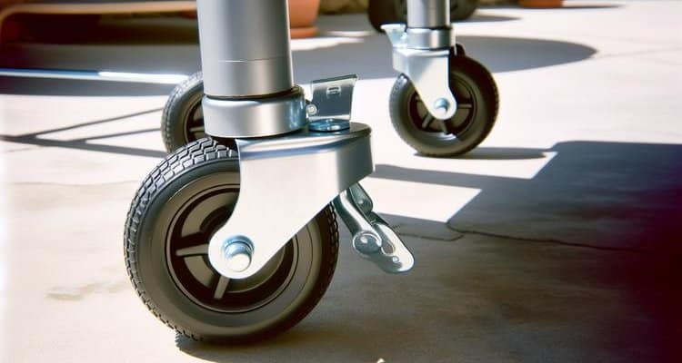 Heavy-duty grill casters displayed on clean workshop workbench with tools in background