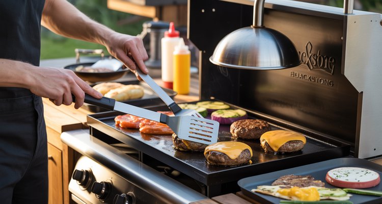 Blackstone flat-top griddle cooking with essential accessories in use