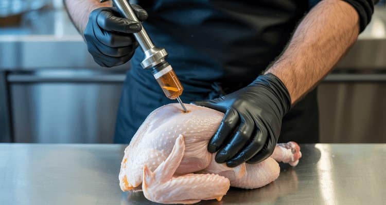 hands wearing blue nitrile gloves injecting marinade into turkey breast with stainless steel injector showing proper 45-degree angle technique