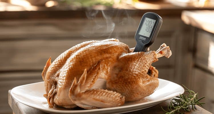 Hands using digital thermometer to check turkey temperature, demonstrating proper technique