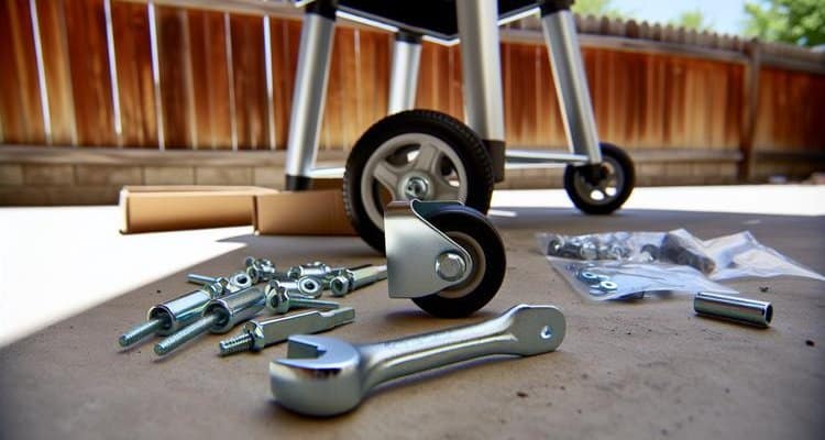 Grill caster installation showing mounting plate being attached to metal frame