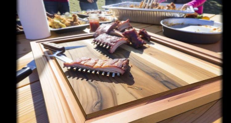 smoked pork ribs resting on edge-grain maple carving board with meat stabilizing spikes and juice channel