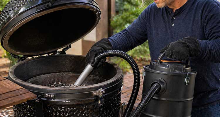 Safe Ash Vacuum Use with Protective Equipment on Kamado Grill