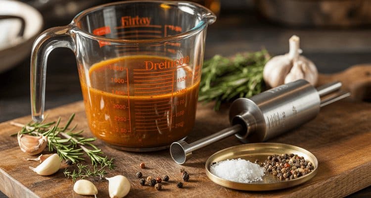 glass mixing bowl with melted butter marinade, fresh herbs, measuring cups with chicken broth, and spice jars arranged on marble counter