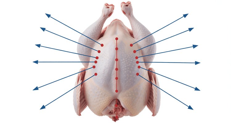 overhead view of whole raw turkey with marked injection points shown as red dots on breast thighs and legs in grid pattern diagram style
