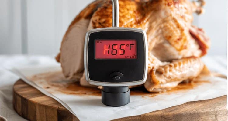 Close-up of digital thermometer display showing 165 degrees Fahrenheit in turkey meat