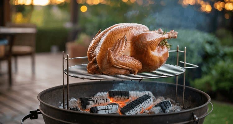 Turkey on vertical stand rack on outdoor grill