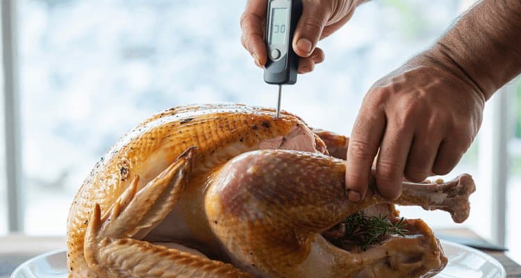 Diagram showing correct thermometer placement locations in turkey breast and thigh