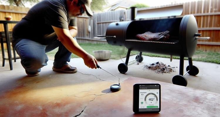 wireless temperature probe inserted in brisket on smoker grill with smartphone showing temperature app - equipment review