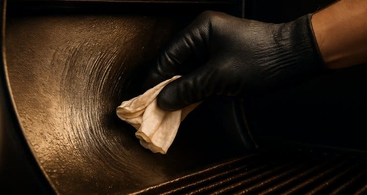 Applying cooking oil to smoker interior walls during seasoning process