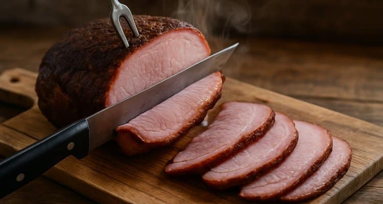 Carved smoked ham showing pink smoke ring and juicy slices