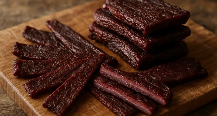 Finished smoked beef jerky showing perfect texture and color