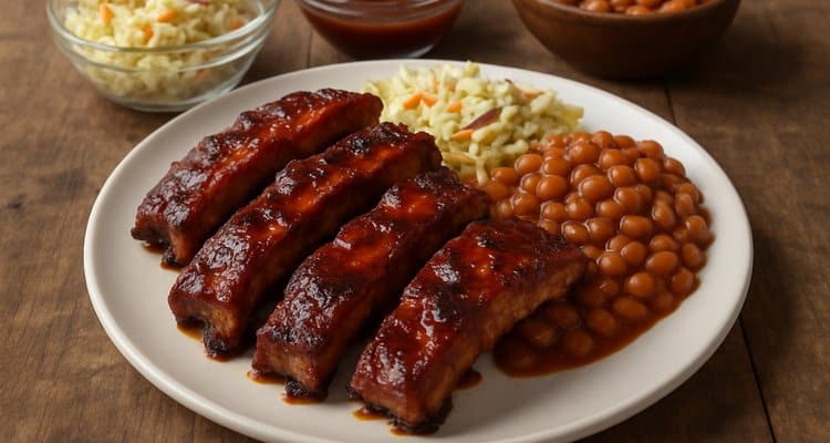 Plated grilled riblets with coleslaw and baked beans