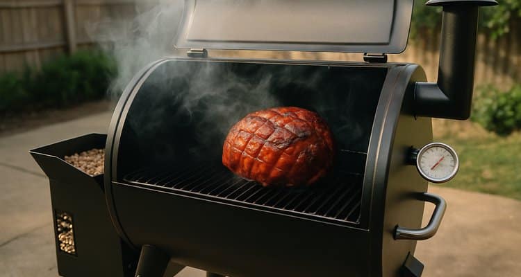 Ham smoking on pellet grill with temperature gauge visible