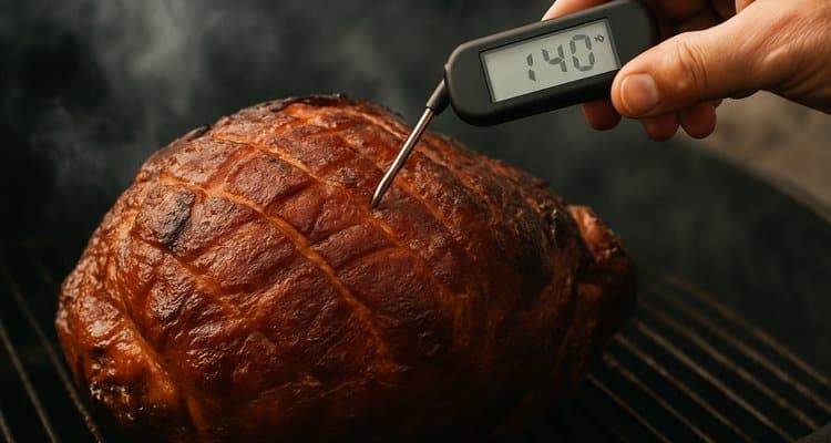 Meat thermometer showing 140F inserted in smoked ham