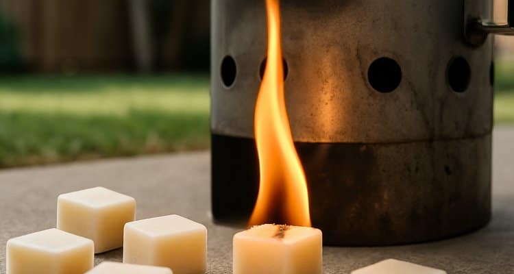 Fire starter cubes lighting charcoal in a chimney starter with a kettle grill in the background